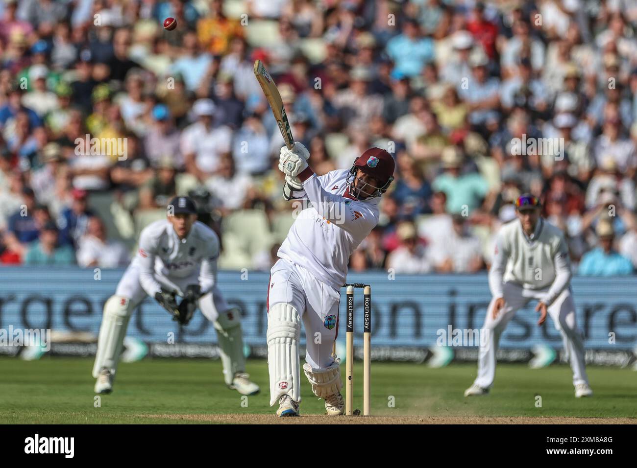 Gudakesh Motie of West Indies hits a second four during the 3rd Rothesay Test Match Day One match England vs West Indies at Edgbaston, Birmingham, United Kingdom, 26th July 2024  (Photo by Mark Cosgrove/News Images) Stock Photo