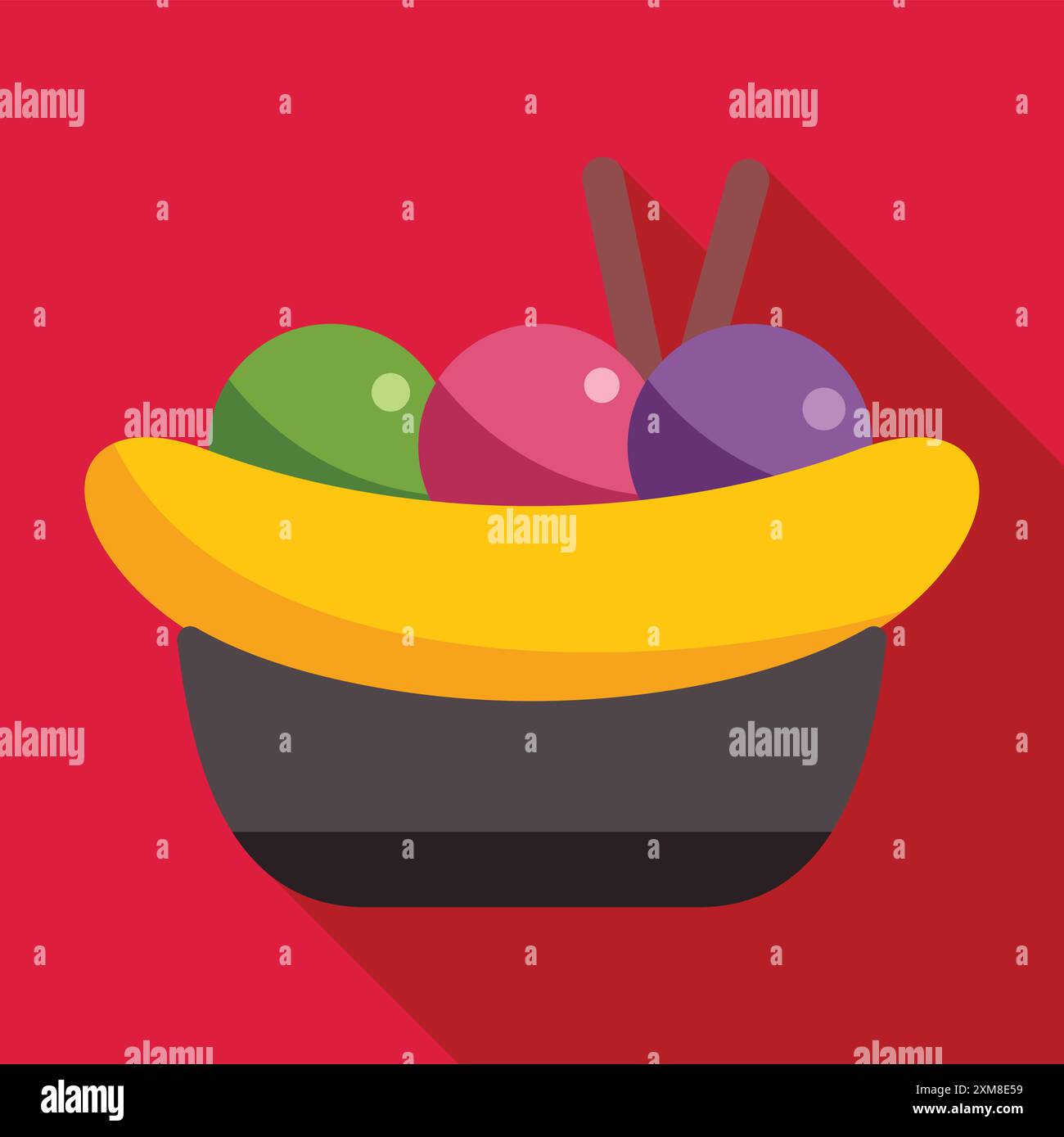 Banana split ice cream dessert sitting in a banana peel bowl on a red ...