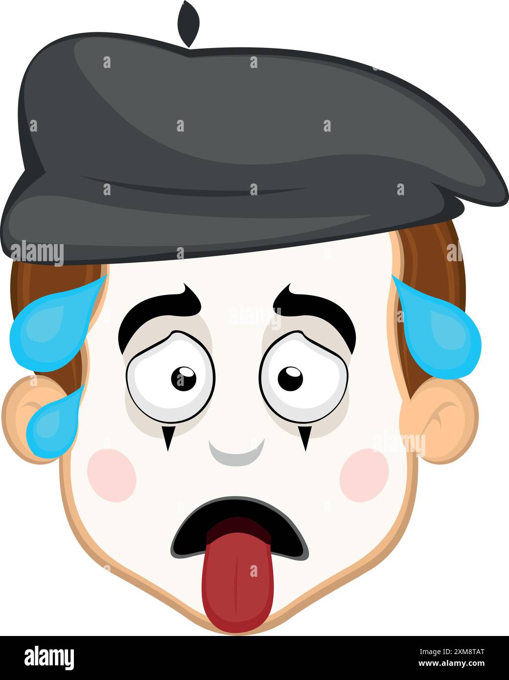 vector illustration face character of street artist mime cartoon, exhausted with his tongue out and drops of sweat on his head Stock Vector