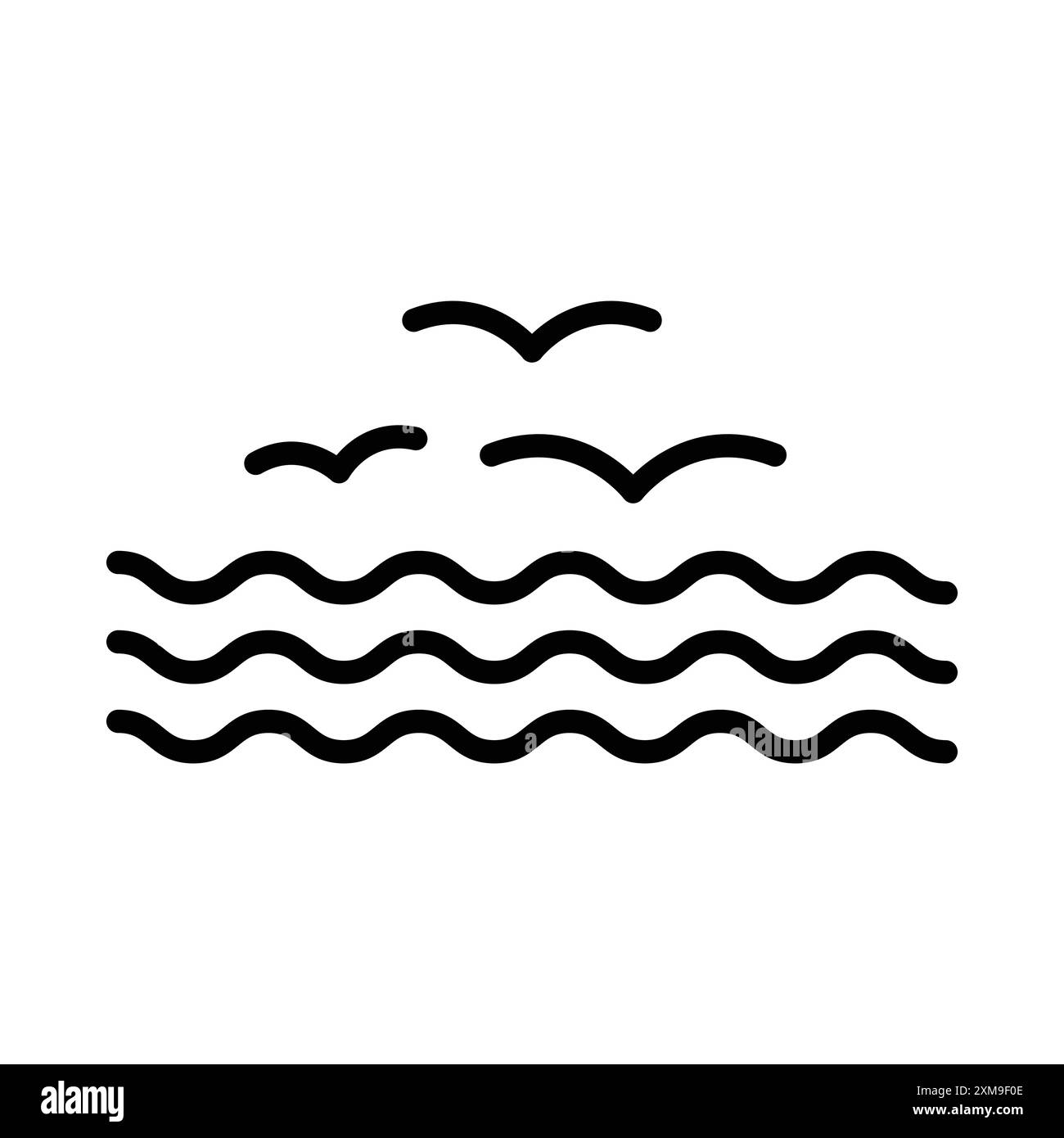 Sea with seagull icon linear logo mark set collection in black and white for web Stock Vector