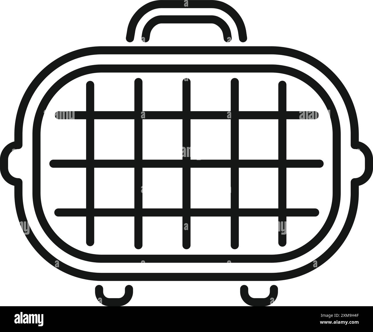 Black and white line drawing of a pet carrier box being used for travel with a domestic animal Stock Vector