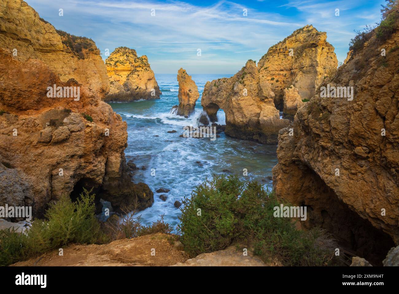 Ponta da Piedade is a headland with a group of rock formations along the coastline of the town of Lagos, in the Portuguese region of the Algarve. Stock Photo