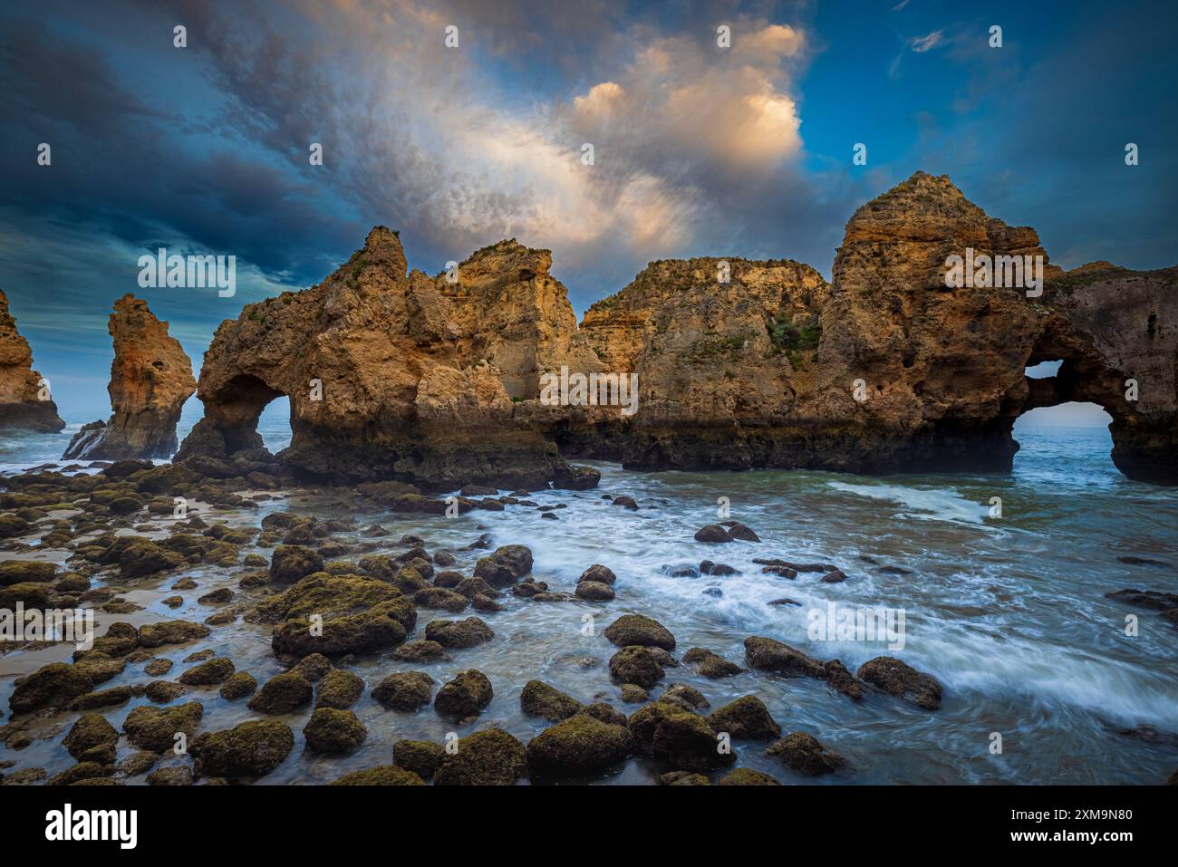 Ponta da Piedade is a headland with a group of rock formations along the coastline of the town of Lagos, in the Portuguese region of the Algarve. Stock Photo