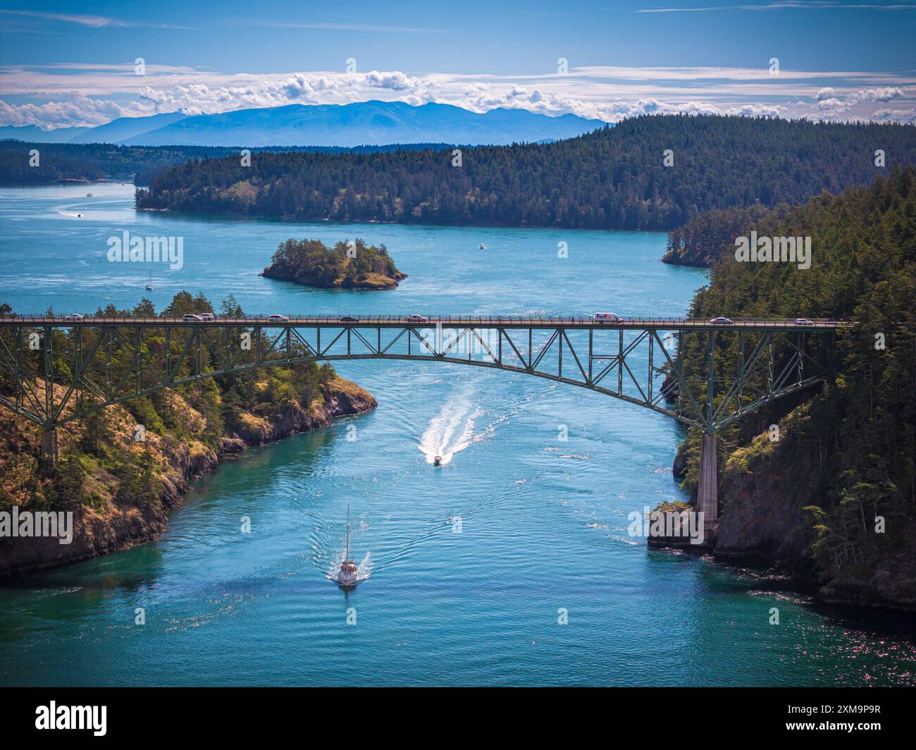 Deception Pass is a strait separating Whidbey Island from Fidalgo Island, in the northwest part of the U.S. state of Washington. Stock Photo
