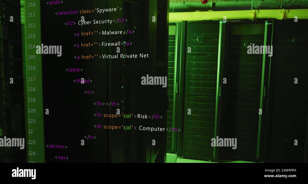 HTML code image over green-lit server room. Technology, innovation, data, coding, programming, digital Stock Photo
