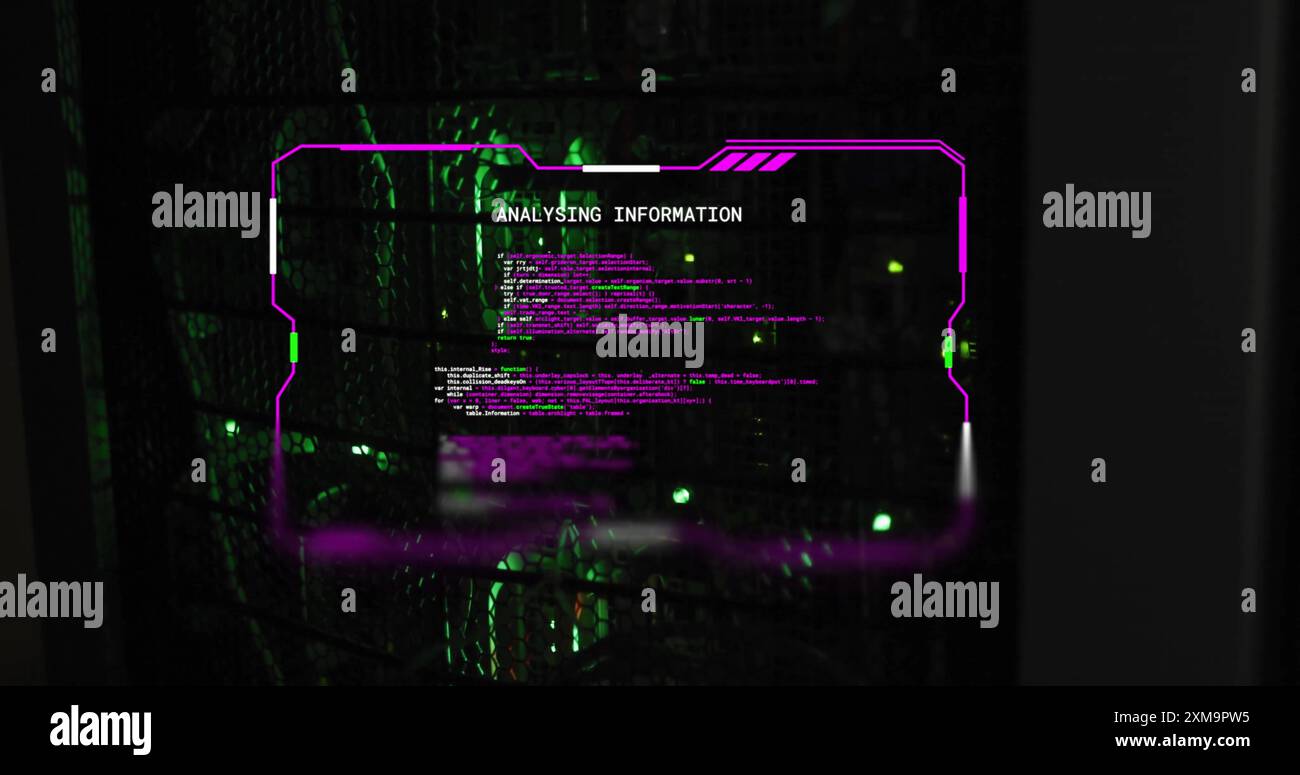 Analyzing information text image over green and black digital matrix background Stock Photo