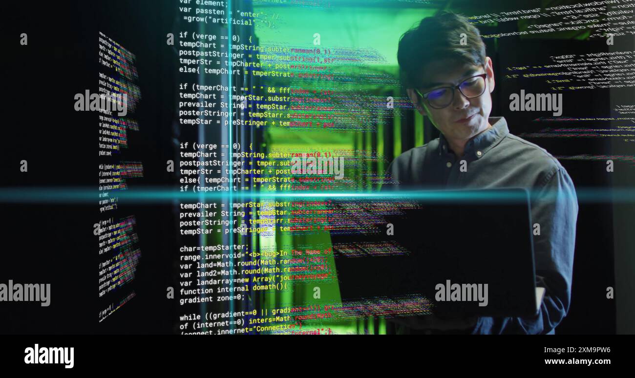 Working on laptop, man in server room with coding image over green ...
