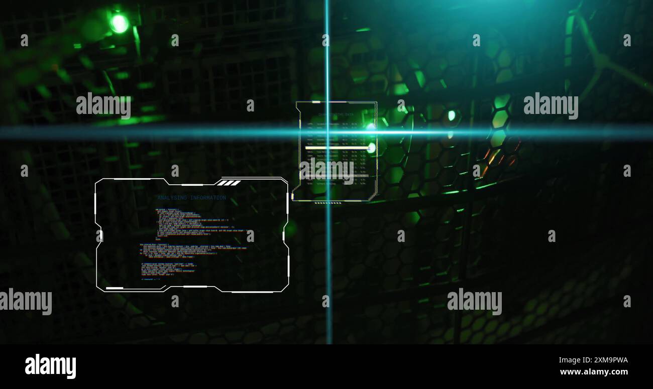 AI data coding image over futuristic digital interface with green lights Stock Photo