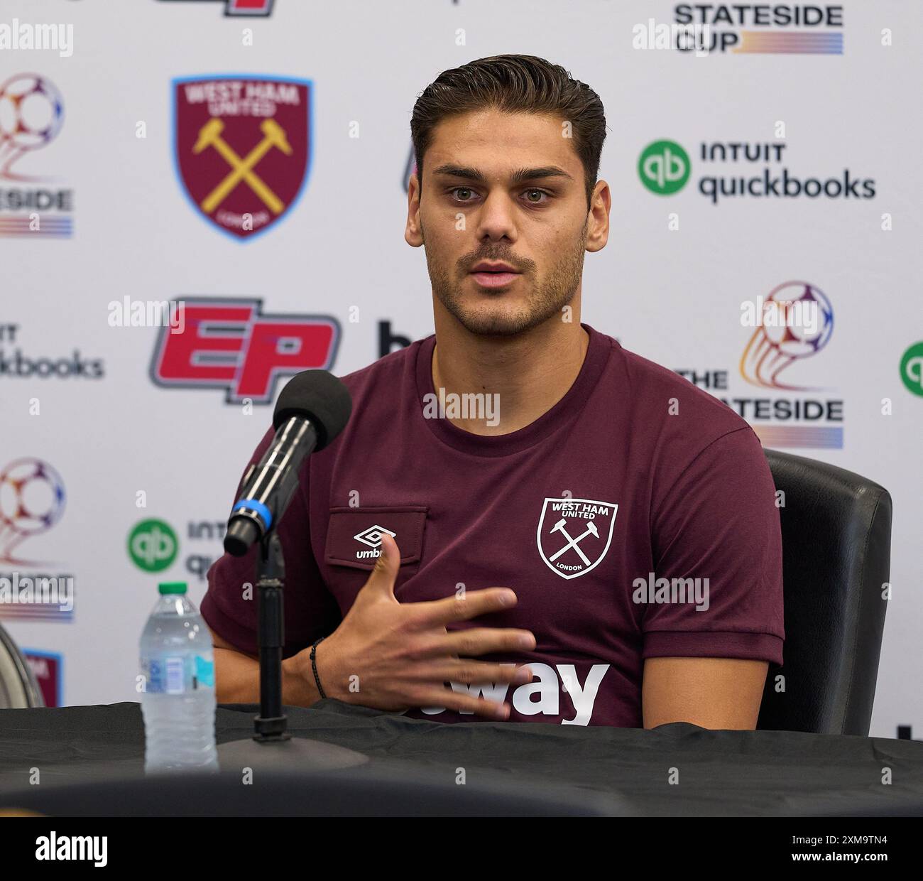 Jacksonville, Florida, USA. 26th Jul, 2024. English Premier League Friendly, West Ham United vs Wolverhampton. West Ham Defender Konstantinos Mavropanos speaks to the media the day before their match against Wolverhampton in the Stateside Cup, a three match series to take place in the USA in Florida and Maryland. Photo Credit: Tim Davis/Alamy Live News Stock Photo