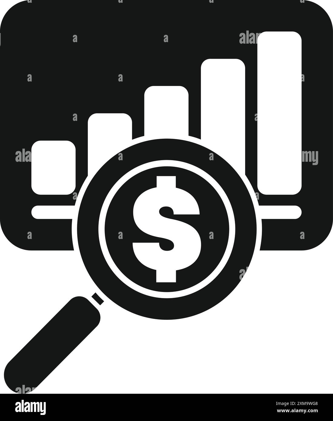 Magnifying glass focusing on dollar sign over growing bar chart ...