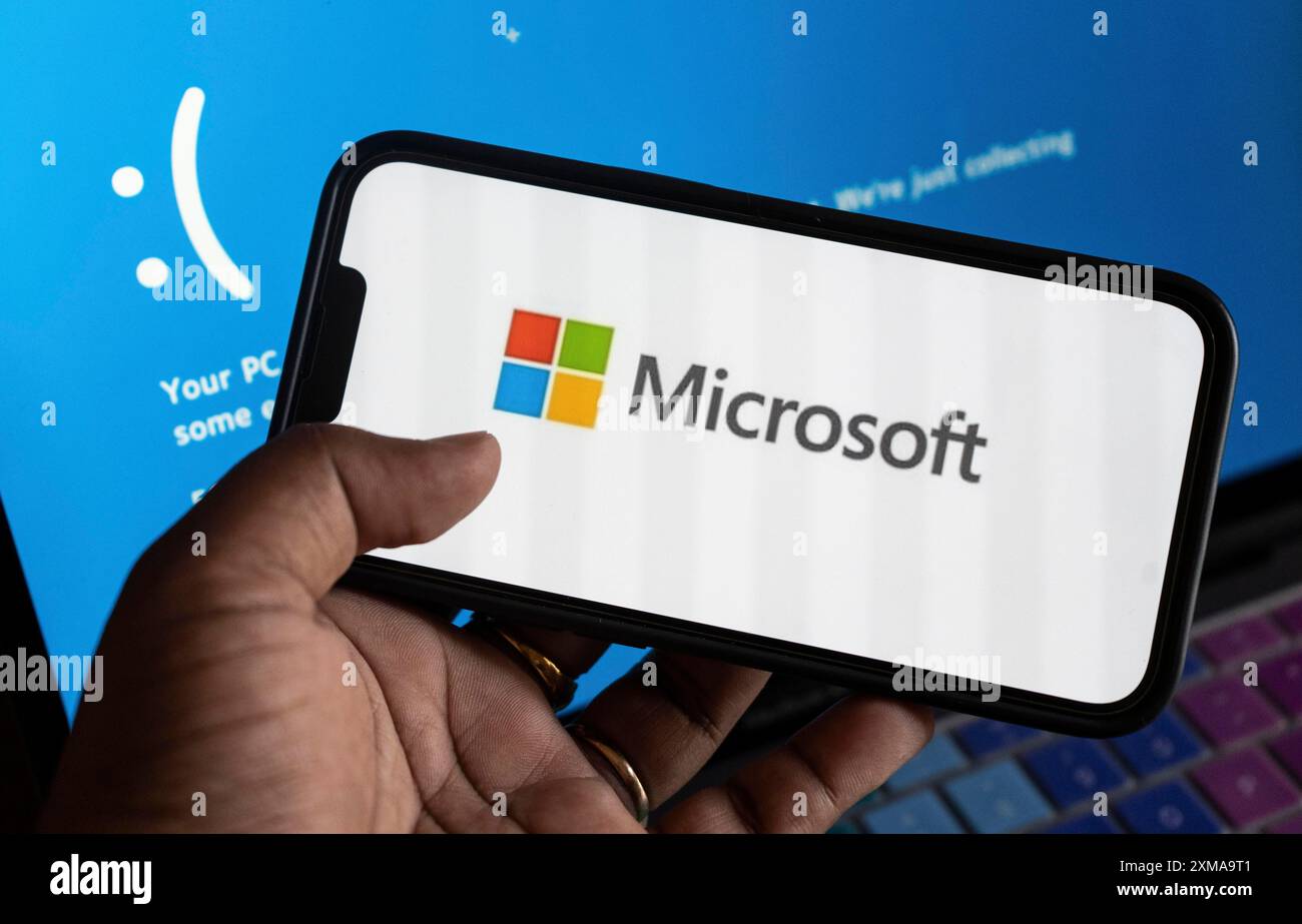 Illustration of Microsoft Blue Screen of Death, July 21, 2024 in Delhi India. The global communications outage caused by CrowdStrike, which provides Stock Photo