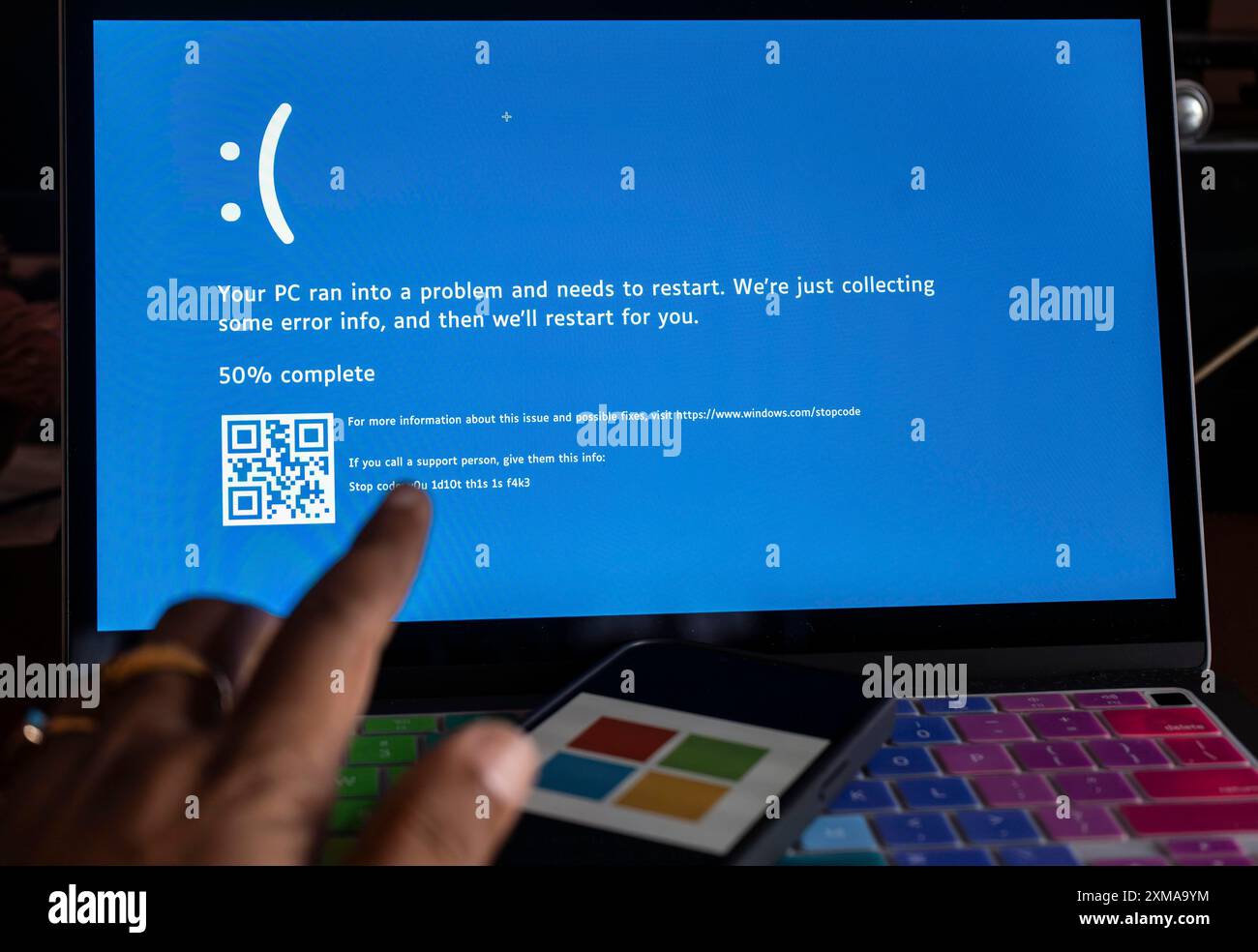 Illustration of Microsoft Blue Screen of Death, July 21, 2024 in Delhi India. The global communications outage caused by CrowdStrike, which provides Stock Photo