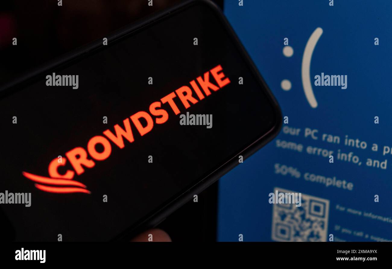 Illustration of a critical error in CrowdStrike software update caused a blue screen of death on Windows computers around, in Delhi, India. 21 July Stock Photo
