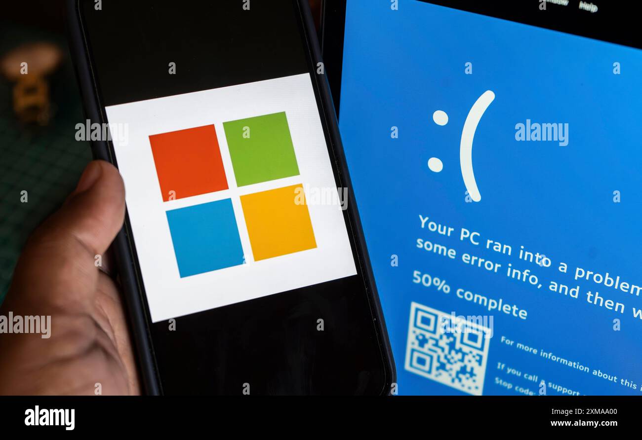 Illustration of Microsoft Blue Screen of Death, July 21, 2024 in Delhi India. The global communications outage caused by CrowdStrike, which provides Stock Photo