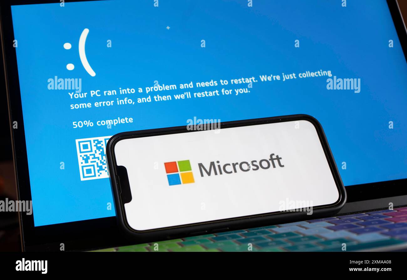 Illustration of Microsoft Blue Screen of Death, July 21, 2024 in Delhi India. The global communications outage caused by CrowdStrike, which provides Stock Photo