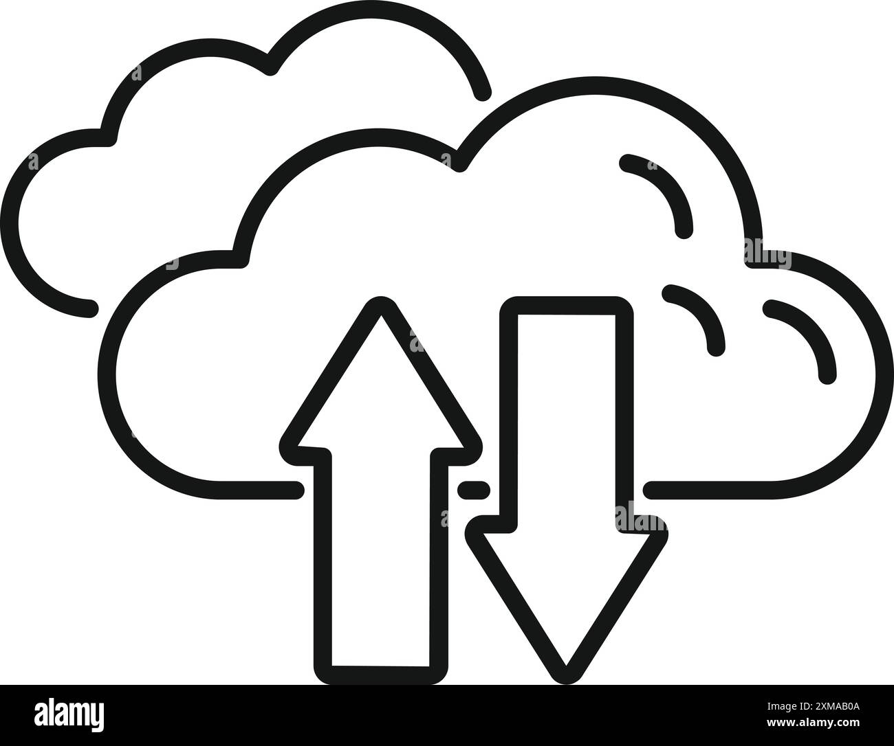 Simple, bold line icon of a cloud with up and down arrows, representing data transferring in cloud computing Stock Vector