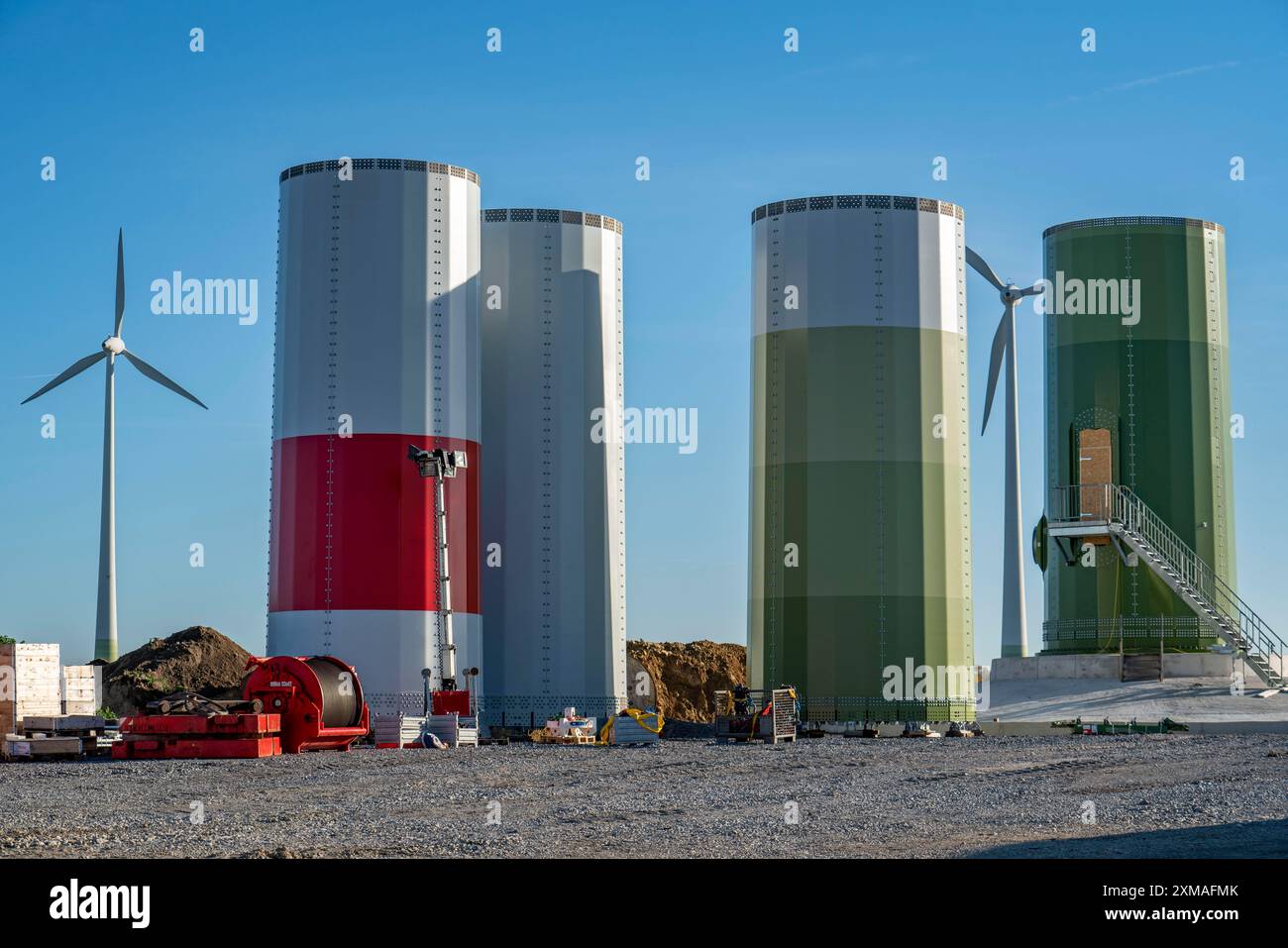 Construction site of a new wind turbine, modules of the tower, wind ...