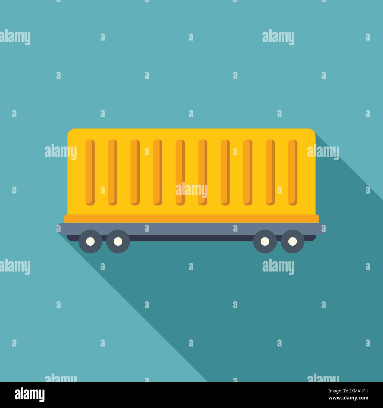 Yellow cargo container on wheels is being transported by train on blue background Stock Vector