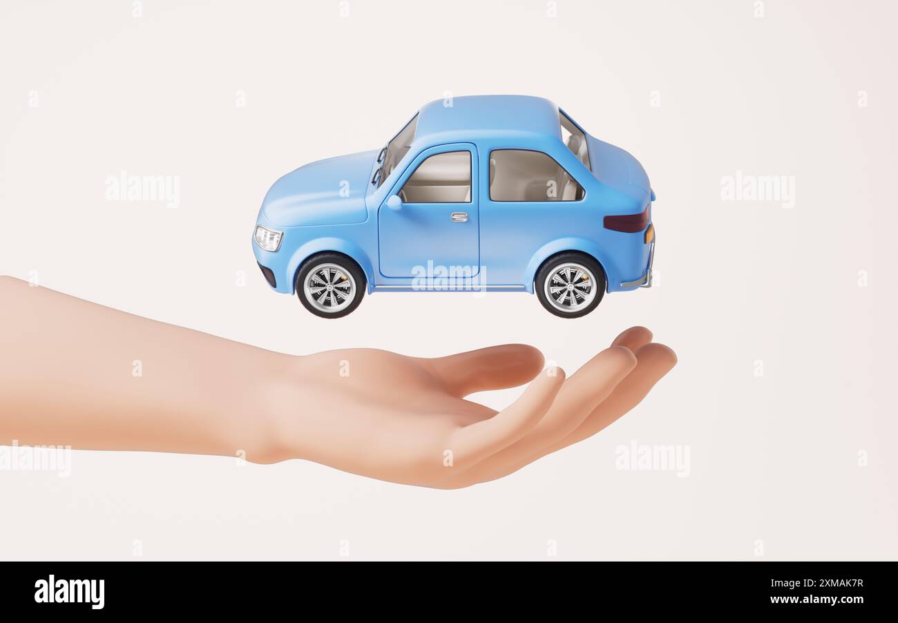 A cartoon car in a hand, 3d rendering. 3D illustration Stock Photo - Alamy