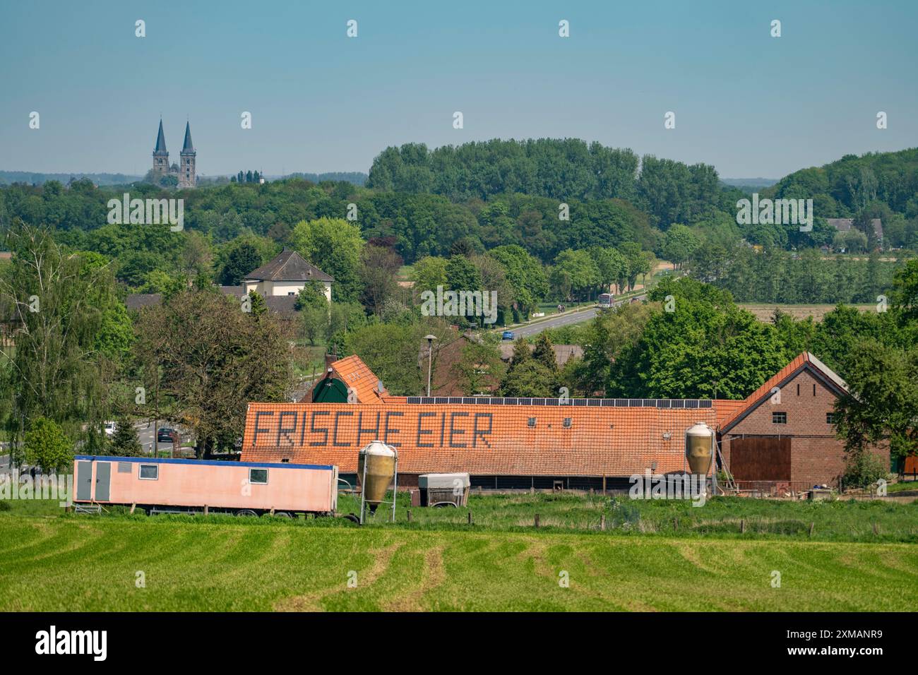 Farm near Xanten, sells fresh eggs from the farm, farm shop, Hoehnshof, advertising on the red shingle roof, North Rhine-Westphalia, Germany Stock Photo