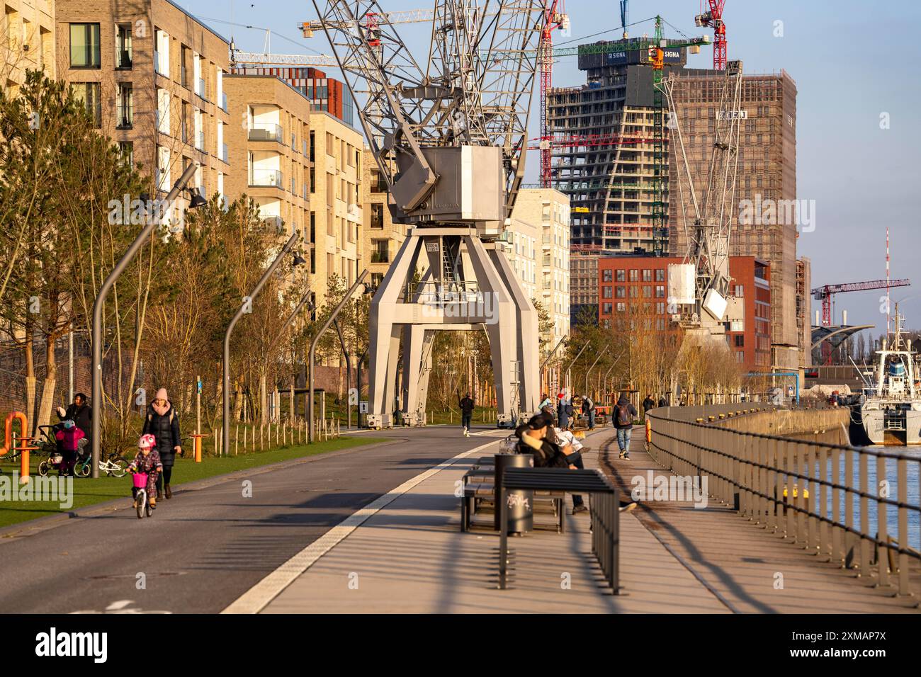 Promenade Kirchenpauerkai, Hafencity Hamburg, new district on the Elbe, on the site of the former free harbour, residential units for 14, 000 people Stock Photo