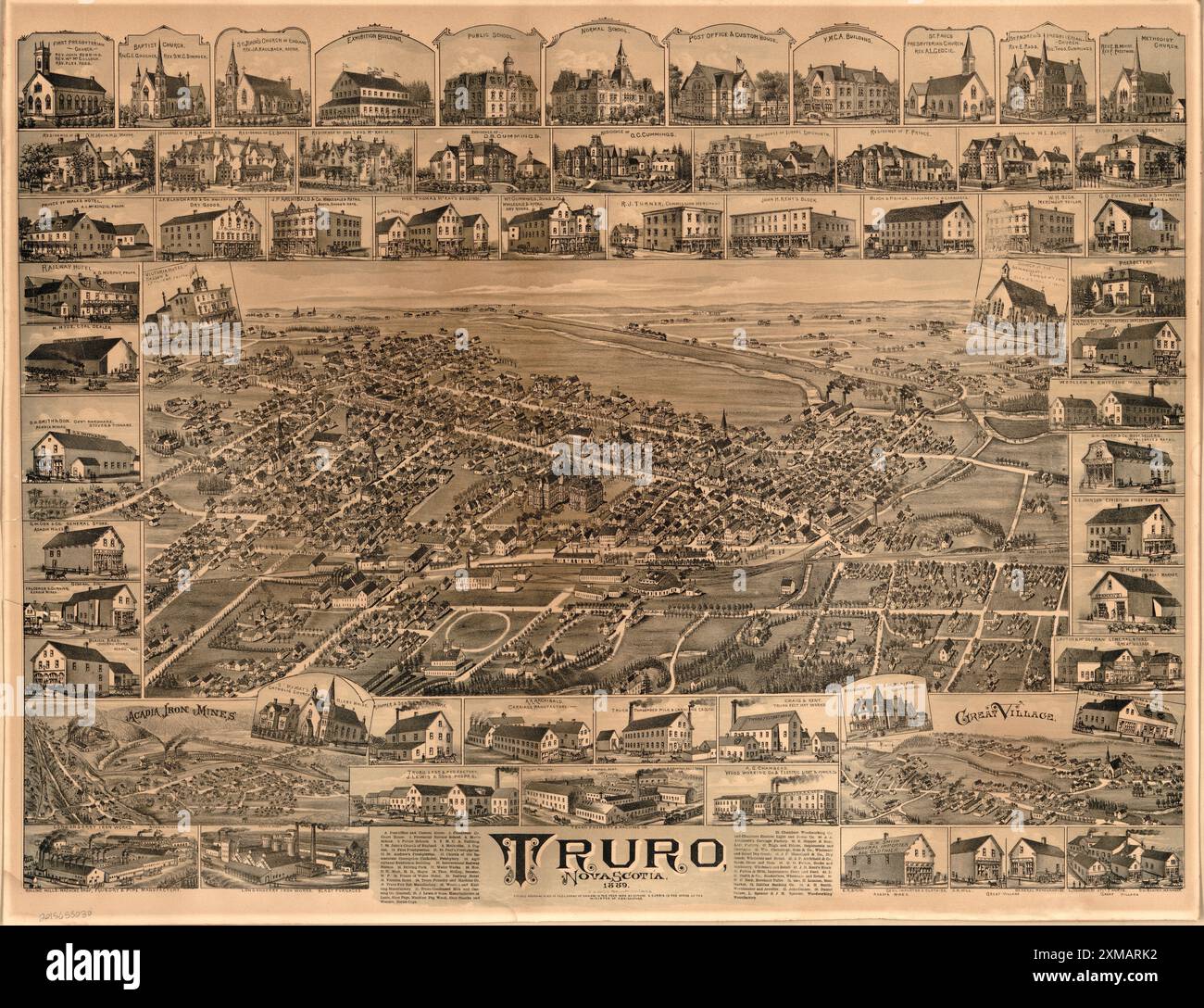 Vintage panoramic map, aerial view, of the historical town of Truro, Nova Scotia, Canada ca 1889. Inserts show main buildings and businesses. Stock Photo