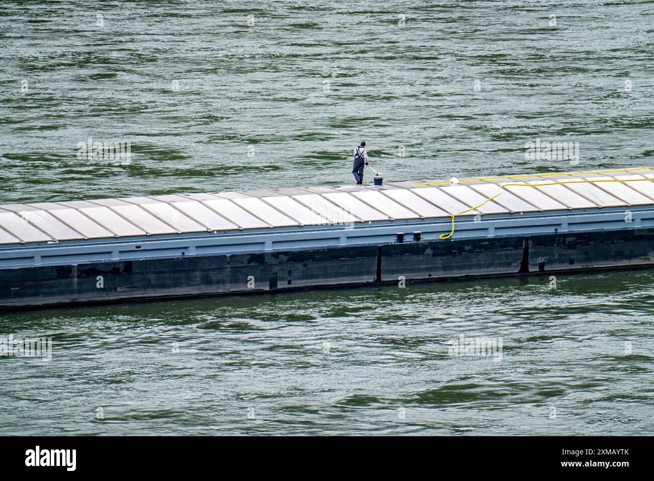 Inland waterway vessel, freighter, with closed cargo hatches, employee cleans the deck with water and scrubbing brush, on the Rhine Stock Photo