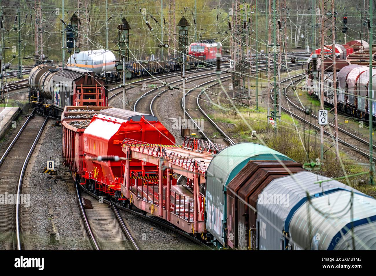 Goods train changing track at the Hagen-Vorhalle marshalling yard, one of the 9 largest in Germany, located on the Wuppertal-Dortmund railway line Stock Photo