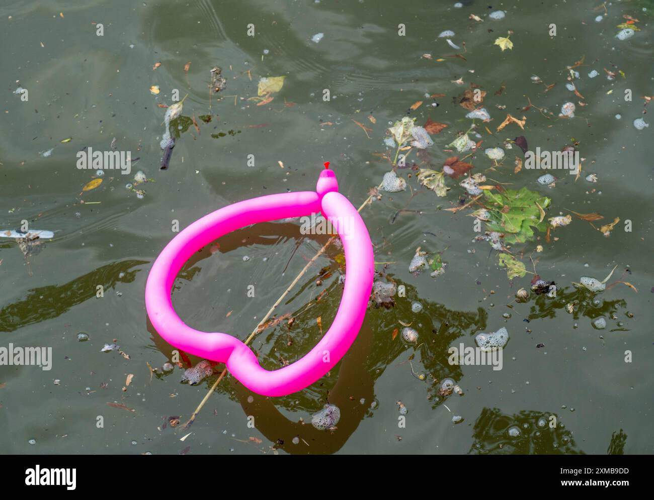 Pink balloon, shaped like a heart, floats in a dirty river Stock Photo