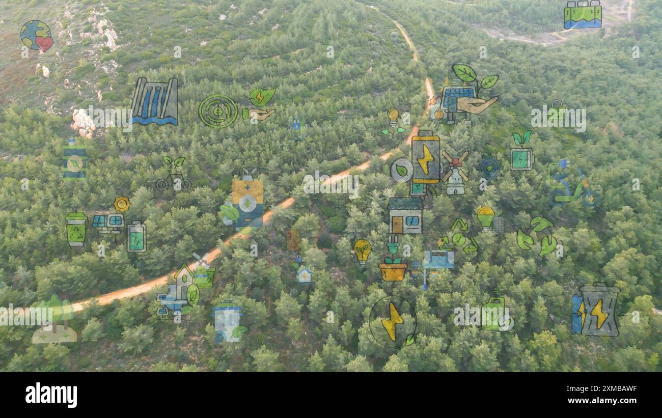Green forest aerial view and environmental technology concept. Green ...
