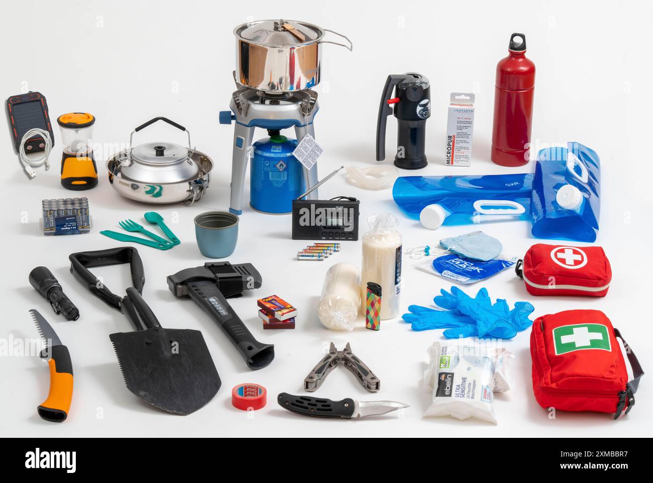 Emergency equipment, for at home, survival equipment for emergencies, according to the suggestions of the Federal Office of Civil Protection and Stock Photo