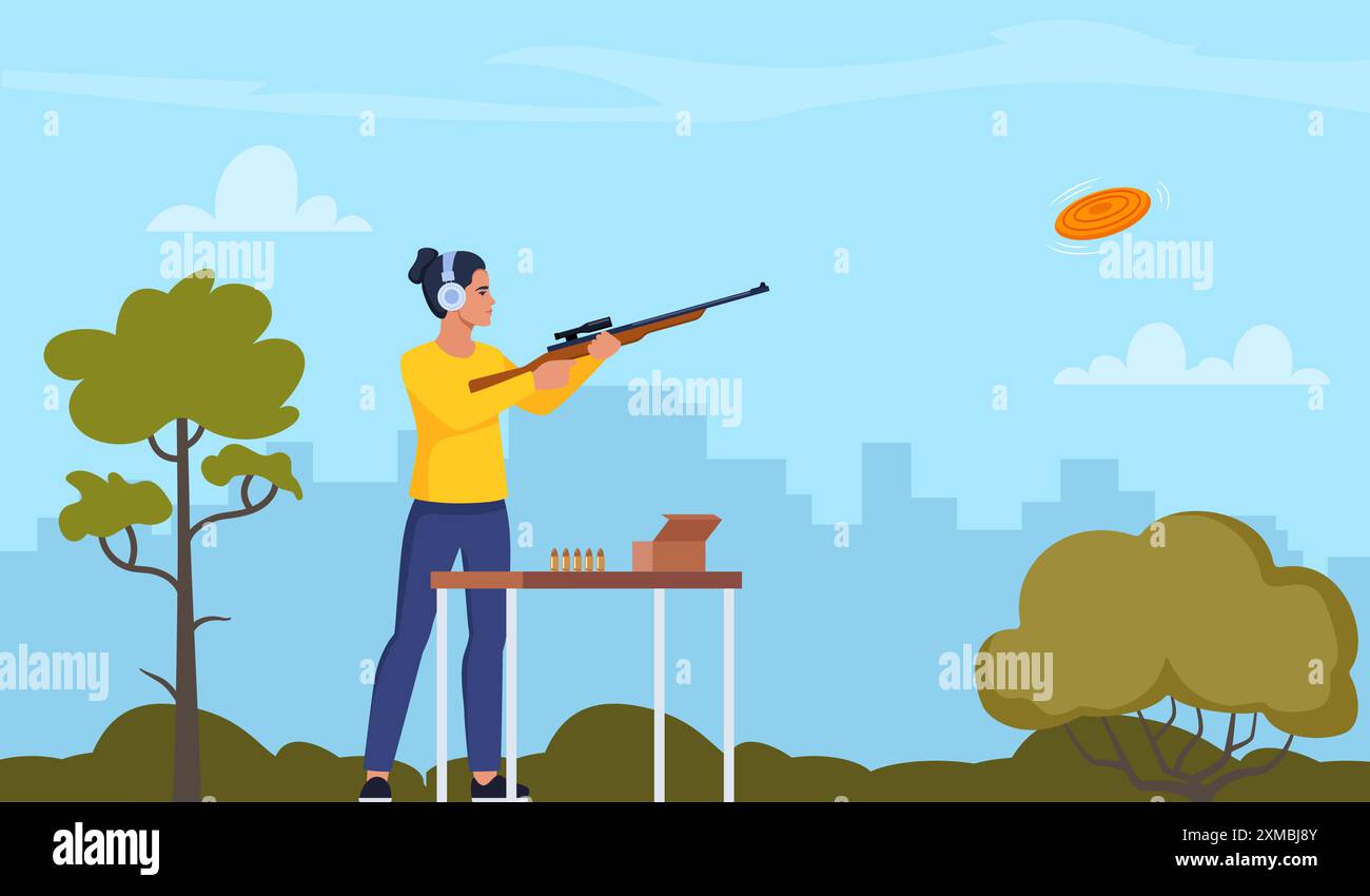 Woman with shotgun practicing clay pigeon shooting. Vector illustration for web and mobile design Stock Vector