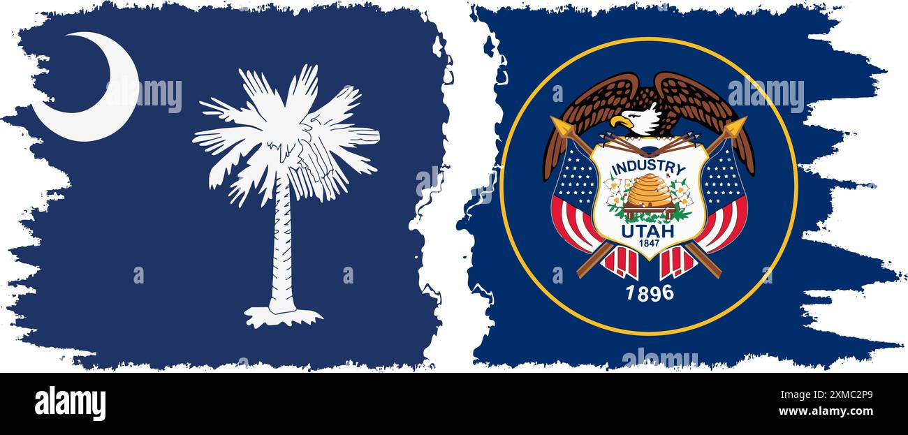 Utah and South Carolina states grunge brush flags connection, vector ...