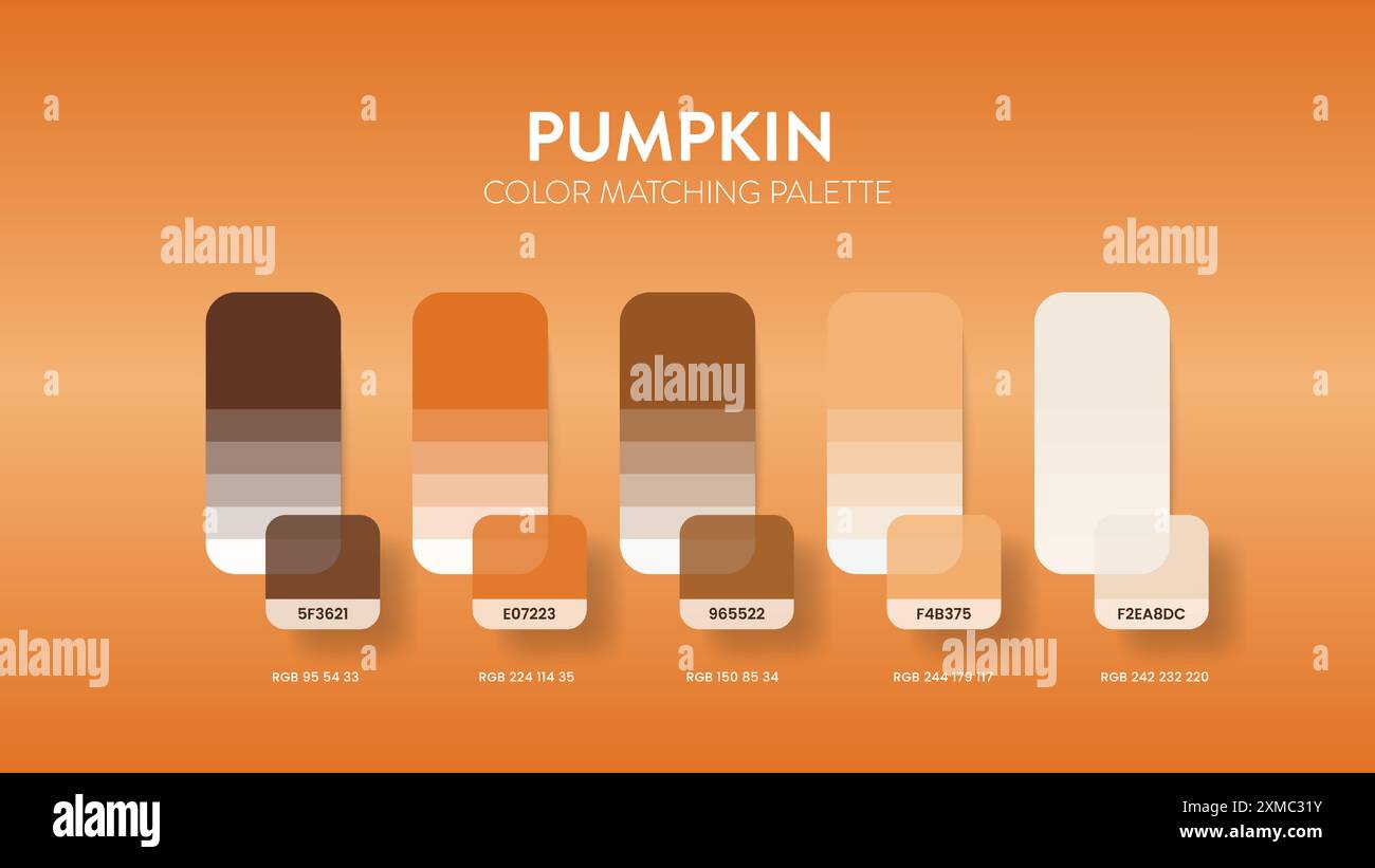 Color palette guide in Halloween Pumpkin colour theme collections. Colors inspiration or chart with codes template. Color combination RGB. Swatches fo Stock Vector