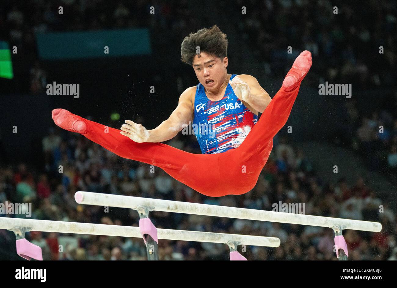 Paris, France. 27th July, 2024. USA's Asher Hong performs on the Parallel Bars during Men's Artistic Gymnastics Qualifying at the Summer Olympics at the Bercy Arena in Paris, France on Saturday, July 27, 2024. The USA team is looking for a team medal at the Olympics. Photo by Pat Benic/UPI Credit: UPI/Alamy Live News Stock Photo