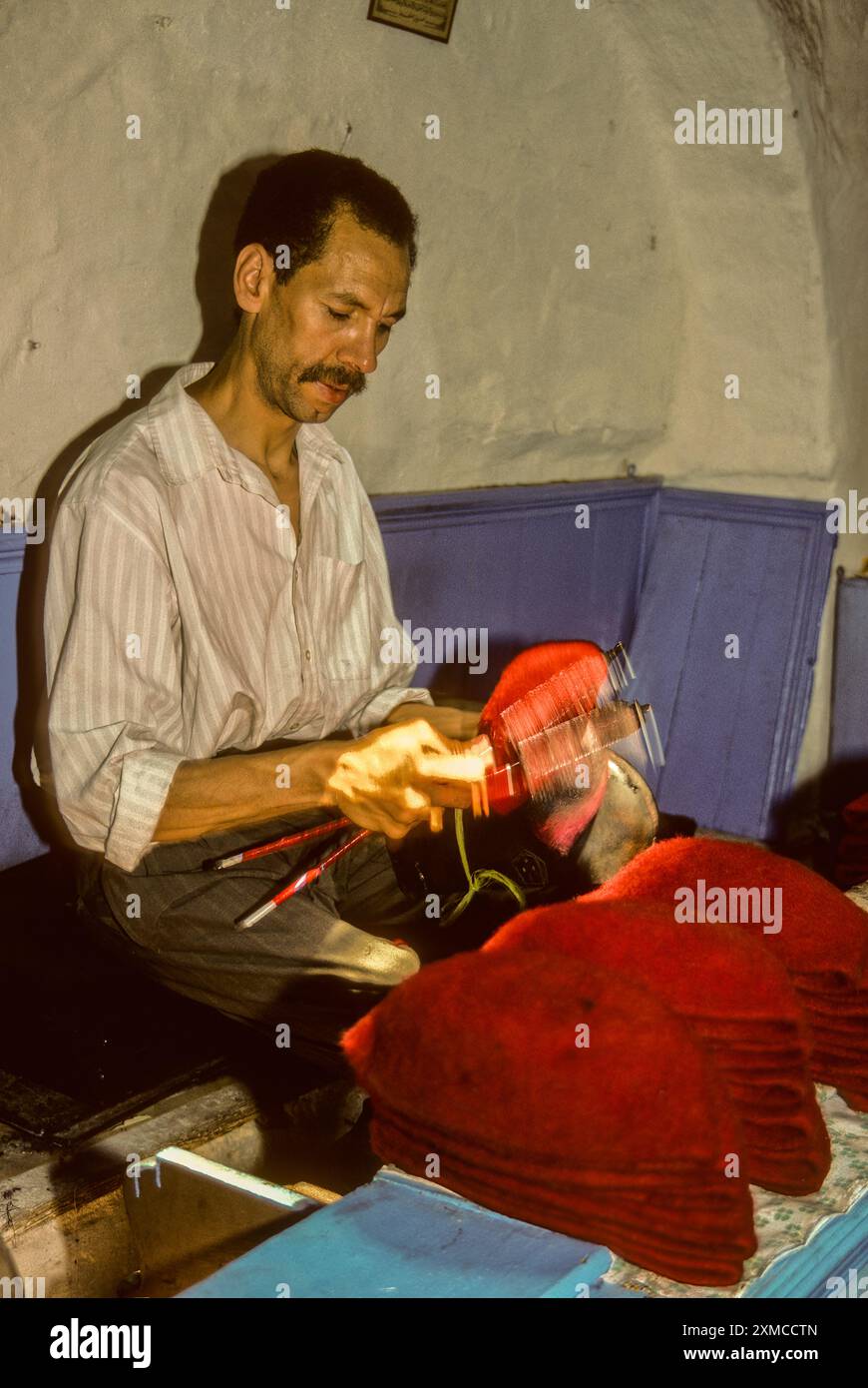 Tunisian Hat, Chechia.  Combing a Chechia with a Metal Thistle-comb to Remove Excess Wool. Stock Photo