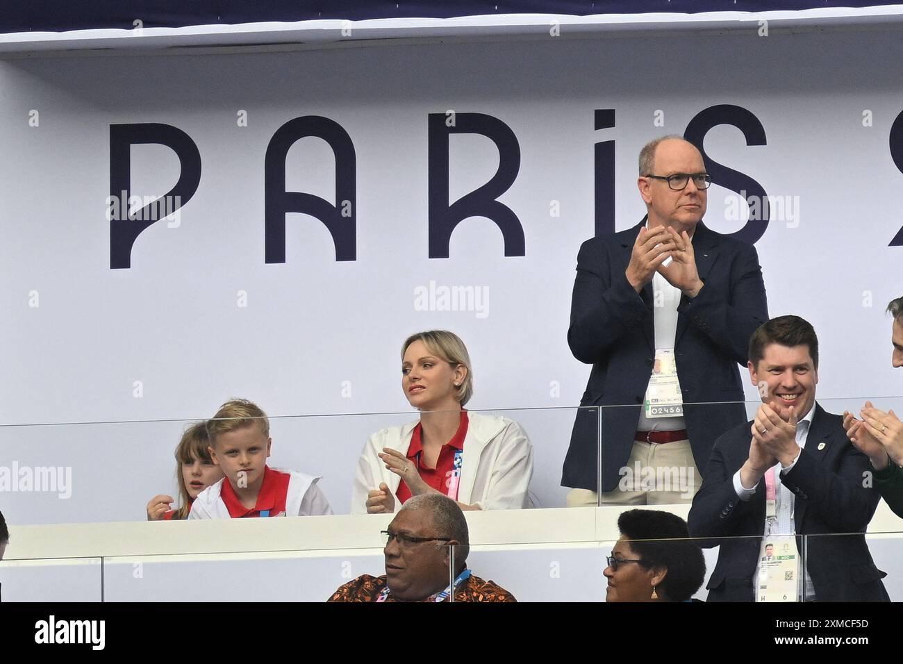 Paris, France. 27th July, 2024. Prince Albert of Monaco, Princess Charlene and their children Princess Gabriella and Prince Jacques - Action during the Rugby Seven men's Semi-Final match between France v South Africa at Stade de France in Saint-Denis, France on July 27, 2024. Photo by Eliot Blondet/ABACAPRESS.COM Credit: Abaca Press/Alamy Live News Stock Photo