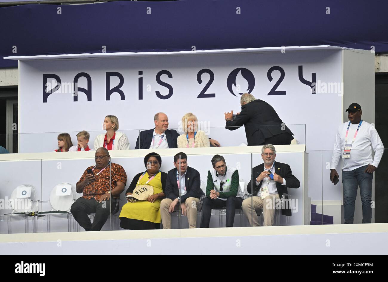 Paris, France. 27th July, 2024. Prince Albert of Monaco, Princess Charlene and their children Princess Gabriella and Prince Jacques - Action during the Rugby Seven men's Semi-Final match between France v South Africa at Stade de France in Saint-Denis, France on July 27, 2024. Photo by Eliot Blondet/ABACAPRESS.COM Credit: Abaca Press/Alamy Live News Stock Photo