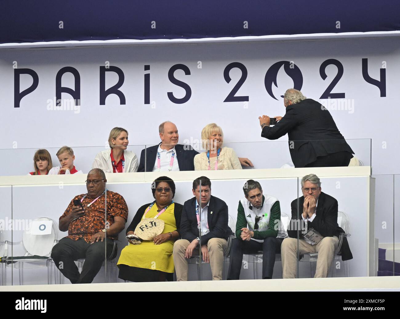 Paris, France. 27th July, 2024. Prince Albert of Monaco, Princess Charlene and their children Princess Gabriella and Prince Jacques - Action during the Rugby Seven men's Semi-Final match between France v South Africa at Stade de France in Saint-Denis, France on July 27, 2024. Photo by Eliot Blondet/ABACAPRESS.COM Credit: Abaca Press/Alamy Live News Stock Photo