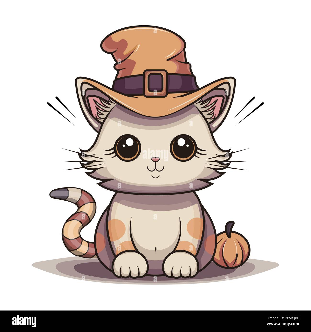 Adorable yellow spotted kitten with sparkling eyes and a slight smile wearing a witch's hat Stock Vector