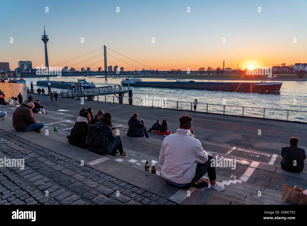 Rhine promenade, Rhine bank at the old town of Duesseldorf, stairs at ...