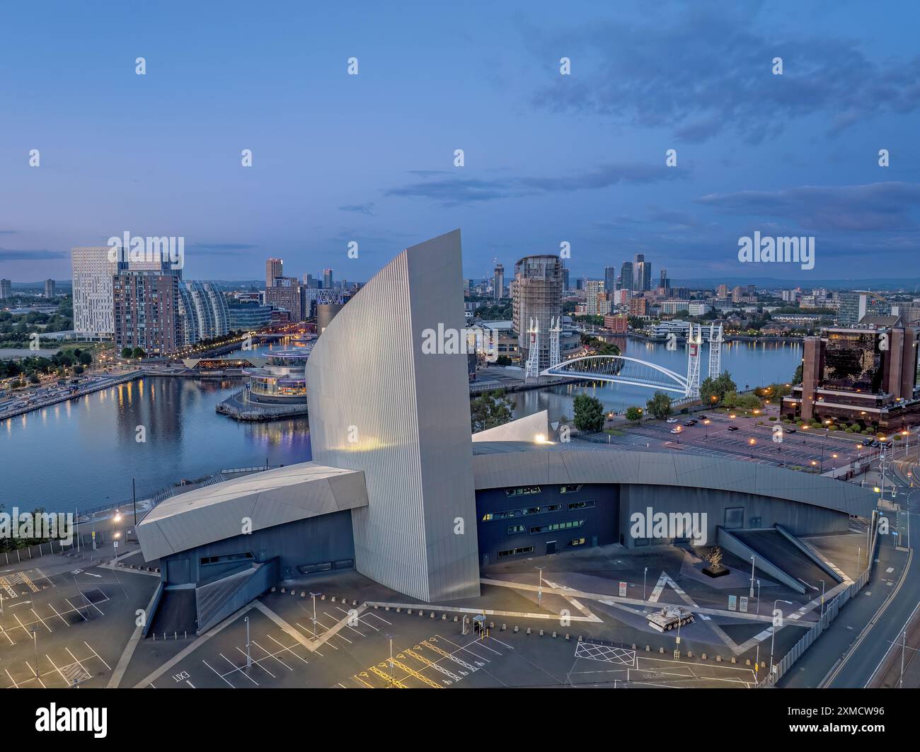 Manchester England, Imperial War Museum North with Salford Quays in the background, northern city in the United Kingdom. Stock Photo