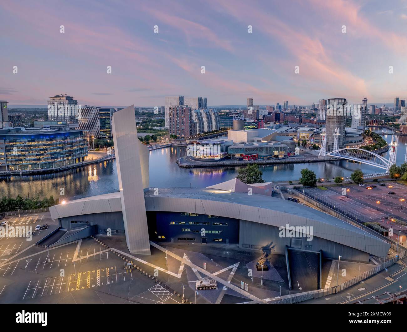 Manchester England, Imperial War Museum North with Salford Quays in the background, northern city in the United Kingdom. Stock Photo