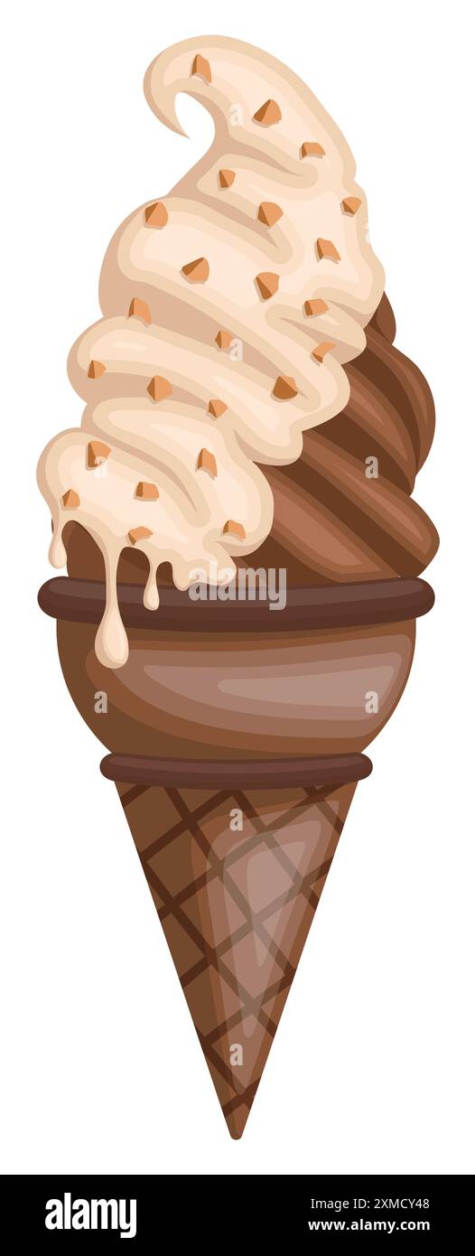 Chocolate ice cream in a chocolate-flavored soft-serve cone with white syrup sprinkled with peanuts Stock Vector