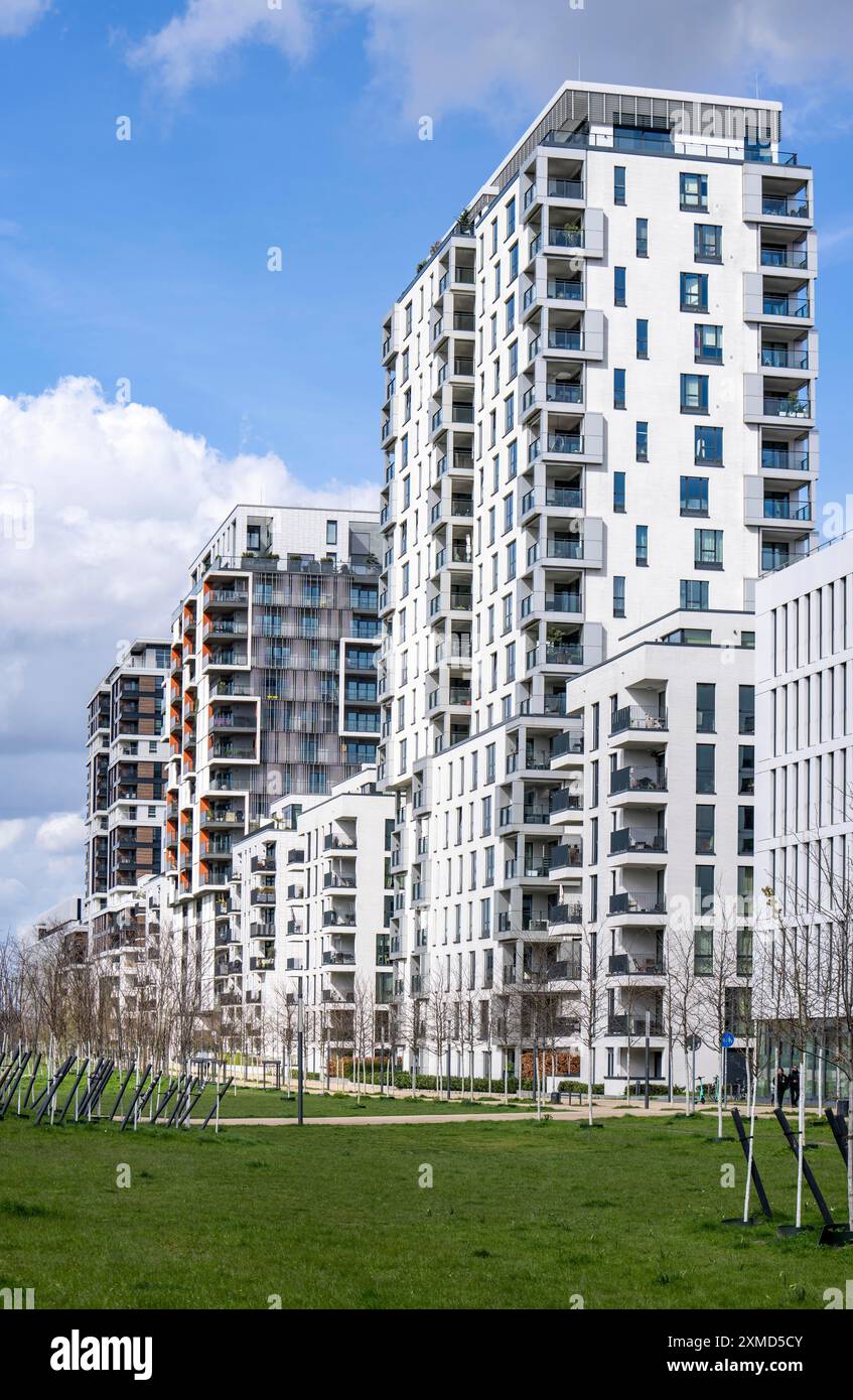 View of Modern residential district along Toulouser Allee, high-rise buildings ...