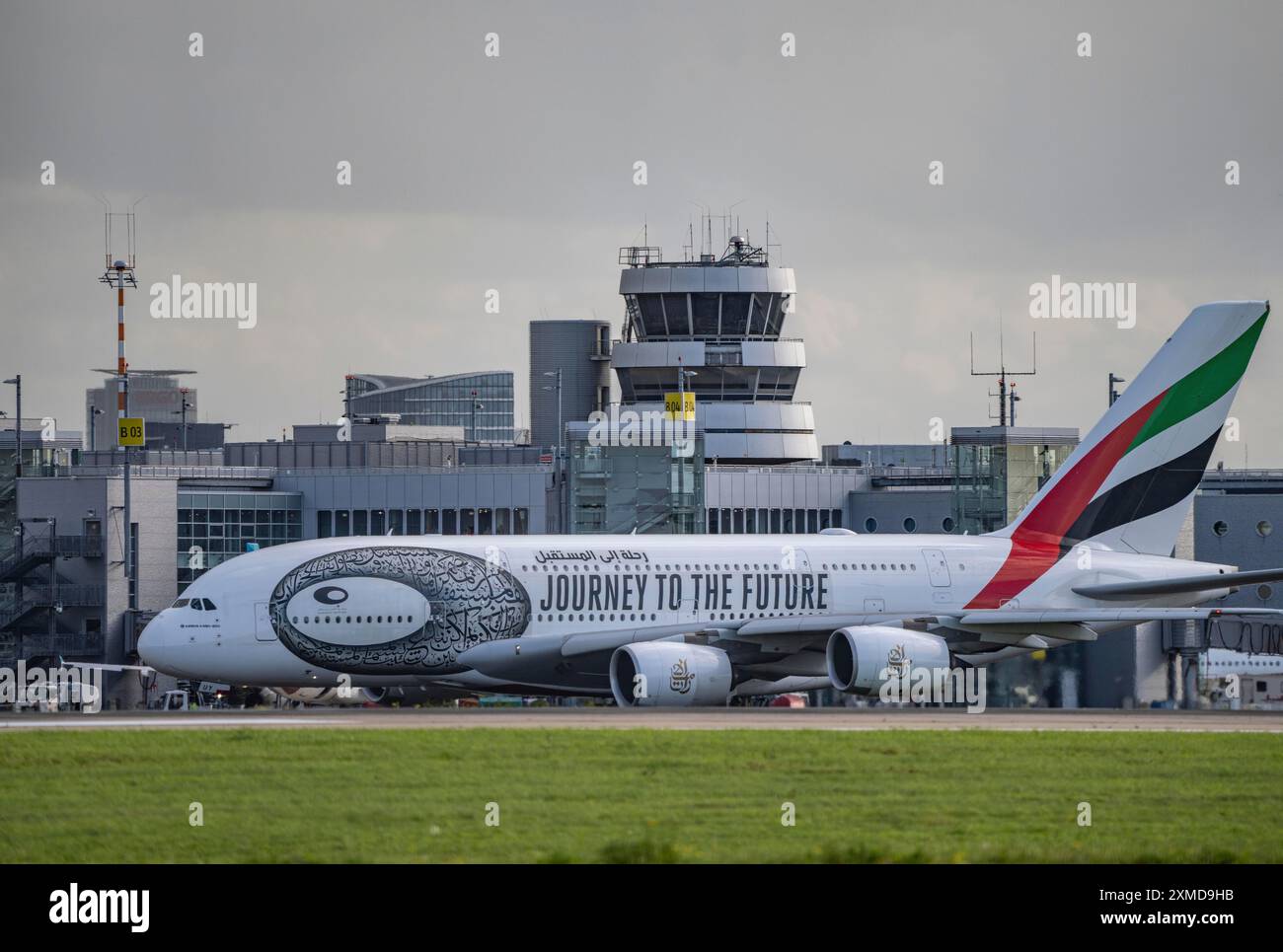 Duesseldorf International Airport, Emirates, Airbus A380-800, A6-EUT, on the taxiway for take-off, Rhine Tower Stock Photo