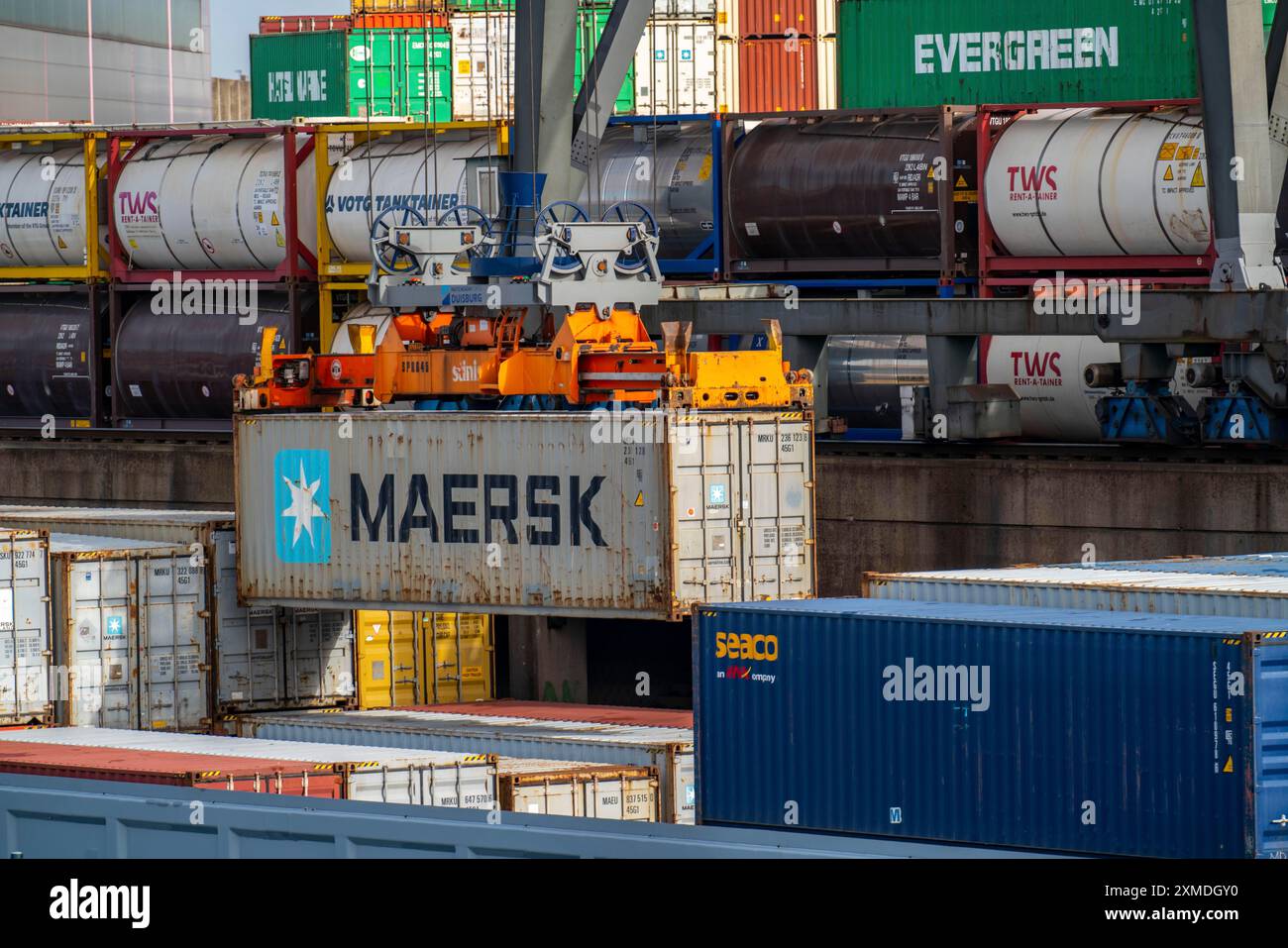 Port of Duisburg Ruhrort, Container freighter being loaded and unloaded ...
