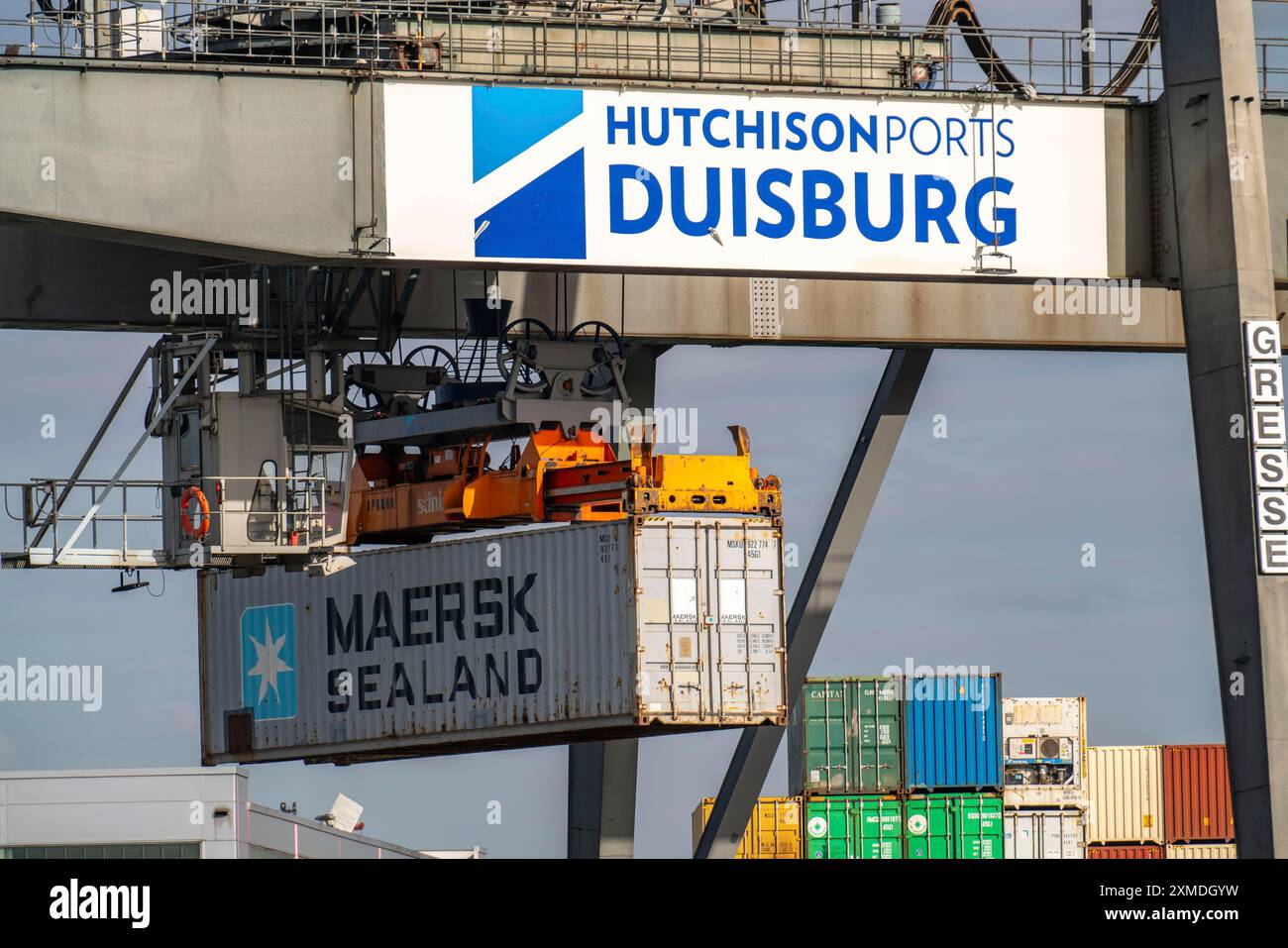 Port of Duisburg Ruhrort, Container freighter being loaded and unloaded ...