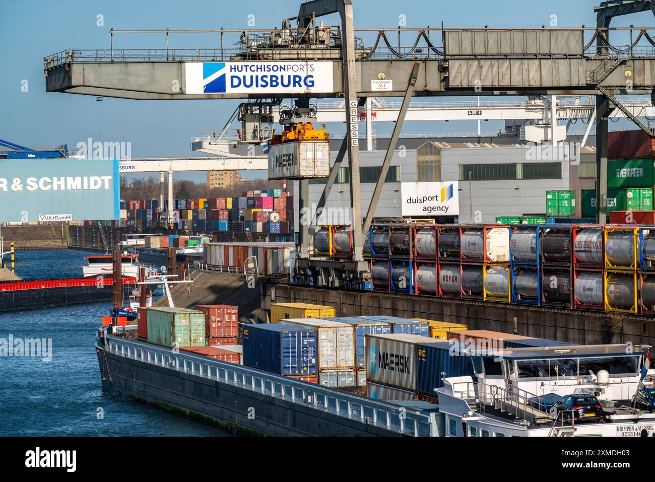 Port of Duisburg Ruhrort, Container freighter being loaded and unloaded ...