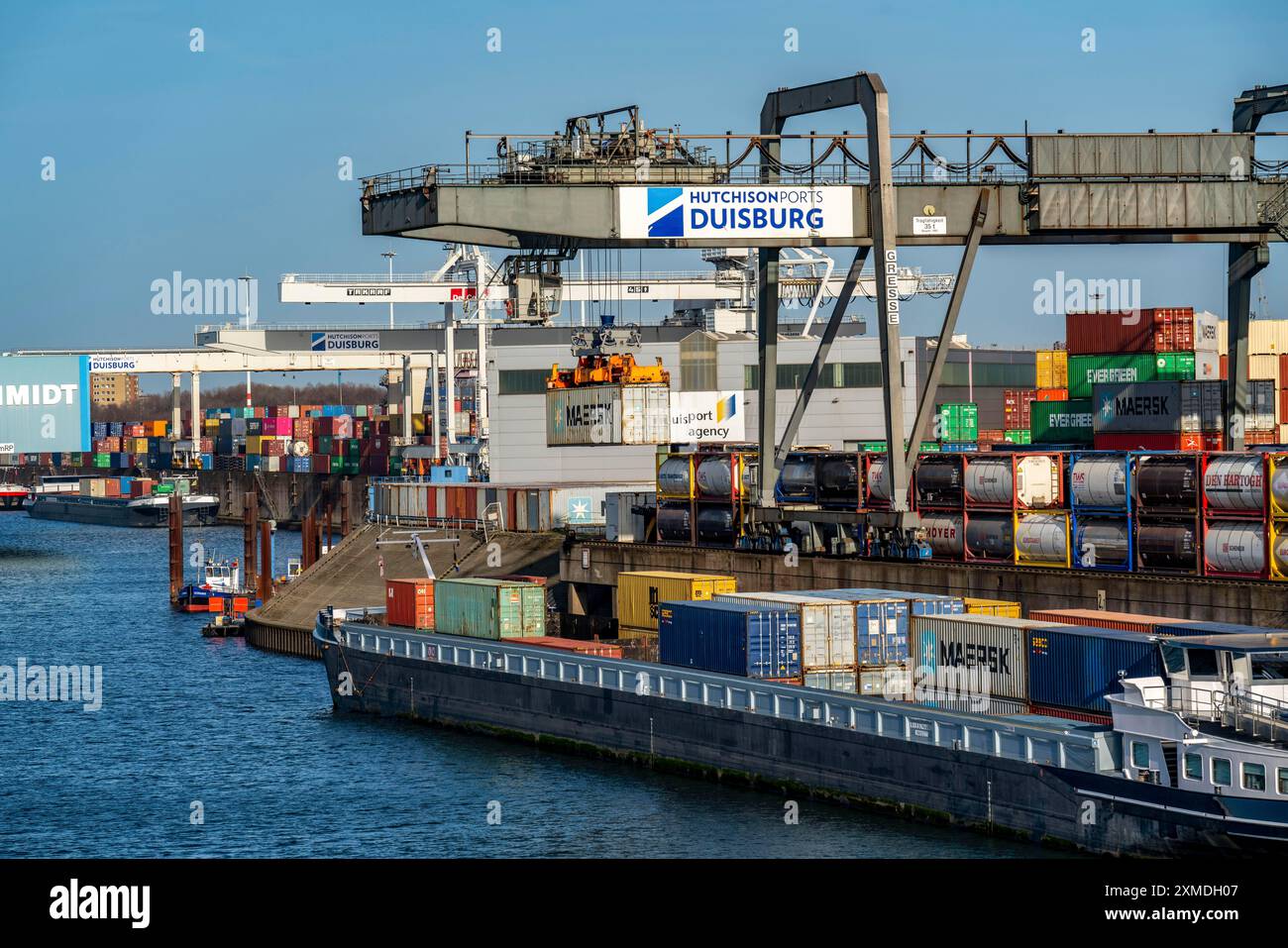 Port of Duisburg Ruhrort, Container freighter being loaded and unloaded ...